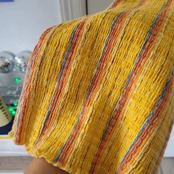 Free People Fine Line Slim Pants Flare Yellow Stripe Smocked Boho Retro Size Med - Picture 5 of 6